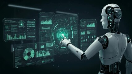 Robot interacting with a futuristic holographic interface, showcasing advanced AI technology against a dark, high-tech backdrop