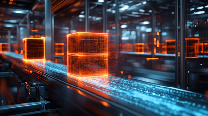 Poster - Factory automation futuristic technology production line conveyor belt glowing cubes industry process system
