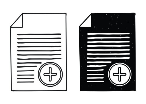 Document Icons, plus sign symbol in black and white