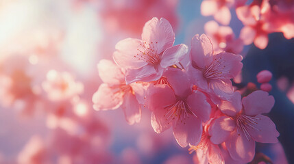 Poster - Beautiful pink cherry blossom tree flowers blooming in spring nature background wallpaper photography art