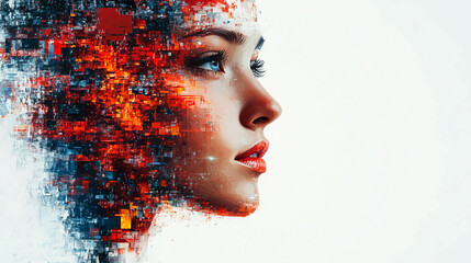 Poster - Ai generated woman portrait with digital glitch effect for technology and beauty concept design use