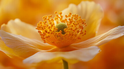 Poster - Close up macro of a yellow flower blossom with stamen and petals in bright sunlight photography art