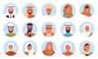 © Flash Vector - Muslim arabian people portrait round avatars vector illustration set. Cartoon man woman face userpics, multinational community, user customer characters smiling and laughing isolated on white