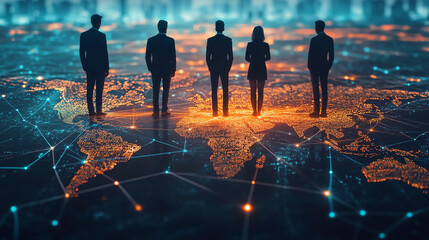 Poster - Global business team network connection digital world map technology partnership leadership strategy vision