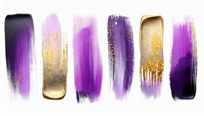Poster -  luxurious purple and gold brush stroke collection with metallic texture and glitter splatter on white background for elegant web design, modern branding, print layout, or digital art asset