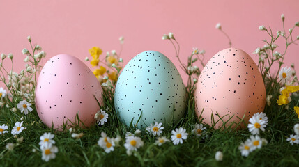 Poster - Pastel easter eggs spring flowers decoration happy easter holiday celebration easter egg hunt still life