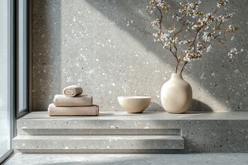 Poster - Relaxing interior design featuring neutral tones and natural elements in a modern space with towels, a bowl, and a decorative vase