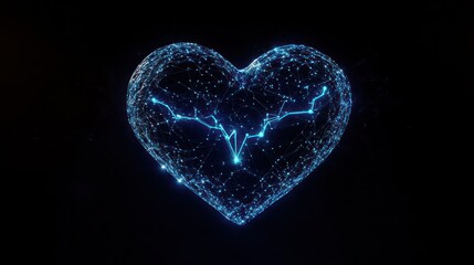Wall Mural - Abstract blue heart made of connected dots with a central electrical pulse on black