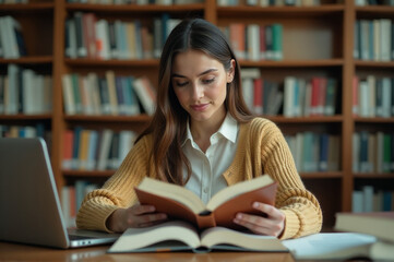 Poster - A person reads a book while sitting in front of an open laptop, suitable for illustrations related to learning, studying, or personal development