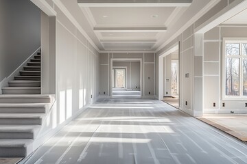 Poster - Natural light streams into an unfinished room with drywall and shadows on the floor in winter