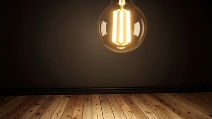 Poster - Illuminated Edison bulb hanging in a dark room with a brown wooden floor