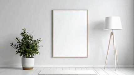 Poster - Bright minimalist living room interior with empty frame, floor lamp and potted plant against a neutral wall for artwork display