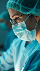Poster - A woman wearing a surgical mask and glasses, likely in a medical or scientific setting