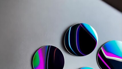 Poster - Overhead arrangement of vibrant, abstract, iridescent circles casting reflections on neutral background for modern backgrounds and patterns.