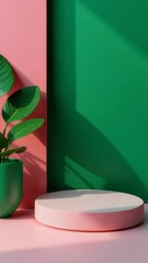 Poster - A potted plant sits atop a table, surrounded by a bright pink and green wall