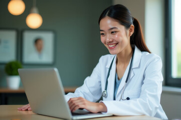 Poster - A woman in a lab coat uses a laptop in a laboratory or research setting, suitable for science and technology images
