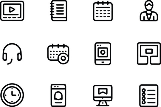 Simple black line icons set for schedule planning and online communication app web user flat time