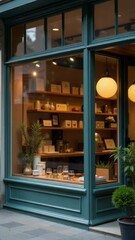 Poster - A store front with a large window and potted plants, suitable for interior design or retail displays