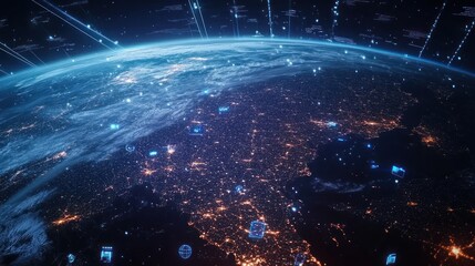 Wall Mural - Earth's darkened face at night is overlaid with digital data streams, illuminated, floating