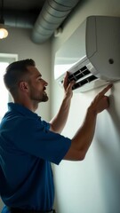 Poster - A person in a blue shirt works on an air conditioning unit