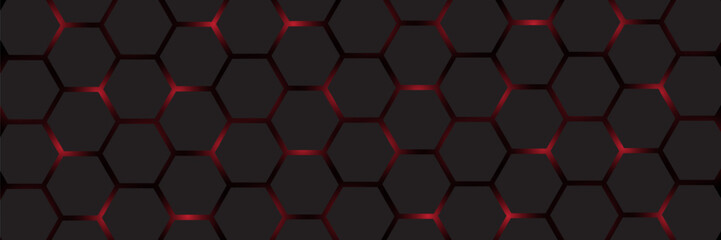 Wall Mural - Abstract dark hexagon pattern on red neon background technology style. Modern futuristic geometric shape web banner design. You can use for cover template, poster, flyer, print ad. Vector illustration