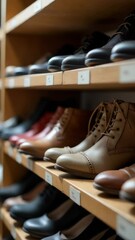 Poster - A wooden shelf displaying multiple rows of shoes, great for lifestyle and home decor photoshoots