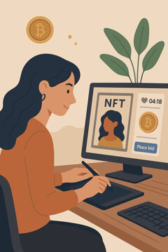Woman artist creating NFT digital art on computer with graphics tablet. Cryptocurrency Bitcoin auction, bidding on blockchain marketplace. Modern creative technology investment concept.
