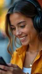 Aufkleber - A woman looking at her phone while wearing headphones