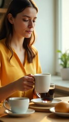 Poster - A person enjoying a morning routine with a warm beverage, suitable for lifestyle or editorial use