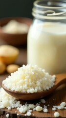 Poster - Simple kitchen scene with a wooden spoon filled with rice and a jar of milk