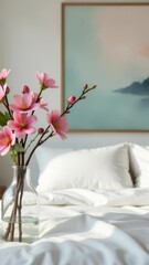 Poster - A vase with pink flowers sits on a bed