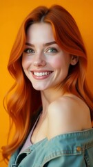 Poster - A woman with bright red hair wearing a denim jacket, possibly for a casual outdoor activity