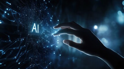 Wall Mural - hand interacting with digital ai network