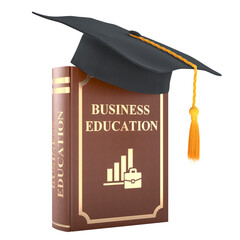 Poster - Business education book with graduation cap,  3D rendering isolated on transparent background