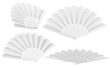Poster - Set of blank white folding hand fans, for mockup or template use. 3D rendering isolated on transparent background