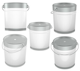 Poster - Collection of metal paint buckets blank template with handles and lids in different angles. 3D rendering isolated on transparent background