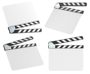 Poster - Movie clapperboards, blank white, different angles. 3D rendering isolated on transparent background