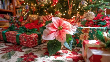 Wall Mural - Small red poinsettia flower on wooden table beside wrapped Christmas presents in soft daylight.