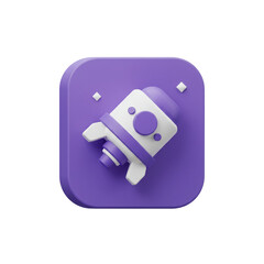 Poster - 3D rendered rocket icon on a purple square with white background for technology theme