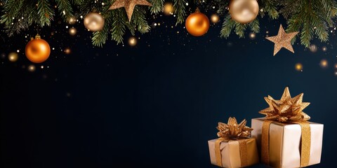 Wall Mural - Two wrapped gifts under a Christmas tree with gold ornaments and warm indoor lighting.
