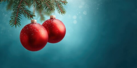 Wall Mural - Two red Christmas ornaments hanging from a green pine tree branch with a blurred festive background.
