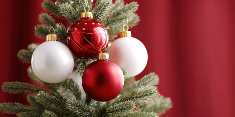 Wall Mural - Three red and white ball ornaments hanging on a green Christmas tree with soft lighting.