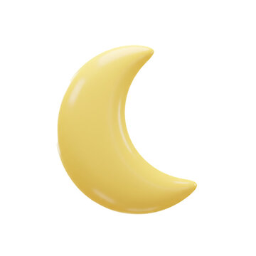 A vibrant 3D rendered yellow crescent moon isolated on a clean white background