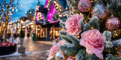 Wall Mural - Christmas tree decorated with pink flowers and ornaments in a festive indoor setting.