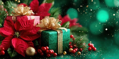 Wall Mural - Green gift box with gold ribbon and red berries on white background, festive holiday decoration.