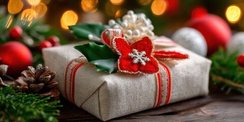 Wall Mural - Gift box wrapped in white paper with red ribbon and red flower decoration on a white background.