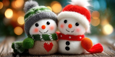 Sticker - Two snowmen sitting side by side on snow-covered ground under a clear blue sky.