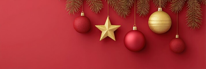Wall Mural - Colorful Christmas ornaments hanging from a green tree branch against a blurred background, festive holiday decoration.