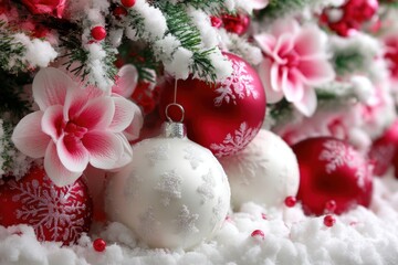 Wall Mural - Colorful Christmas ornaments arranged on a snowy surface with festive flowers in soft daylight.