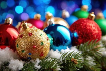 Wall Mural - Brightly colored Christmas ornaments hanging on a snow-covered pine branch in daylight.